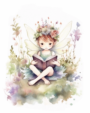 very simple watercolour childrens book style drawing of a cute fairy reading a book surrounded by flowers, pastel colours soft on white background for clipart, 8k