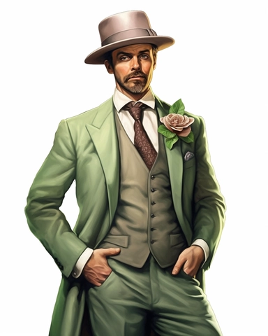 detailed hansome man facing me with vintage hat with green sage rose dressed in a vintage suit, hyper realistic, isolated on white backgorund, clipart