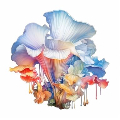 giant pearlescent chrome mushroom, fantasy, watercolor, clip art, white background, beautiful floral design