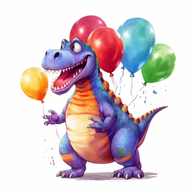 a T-Rex cartoon character holding colorful balloons for a birthday party, glamorous , Gouache, white background with margins, Clipart style