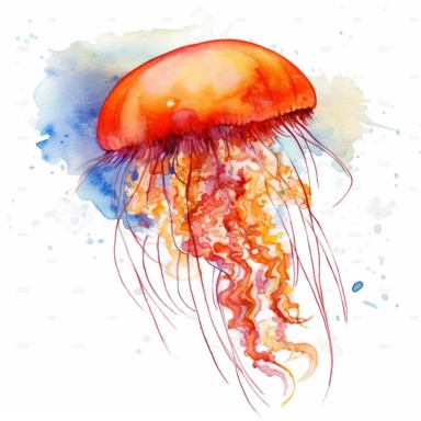 Red orange watercolor style jellyfish in ocean clipart, white background, no text, for childrens reading book