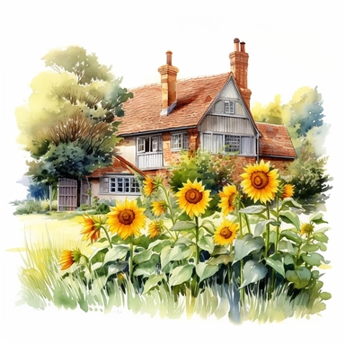 sunflowers growing in an English country garden, cottage in the background, original hand drawing, watercolor, understated and flawless coloring image, realistic image, transparent background, realistic painting, portrait without writing clipart, plain isolated white background, 8k ultra detail high sharpness