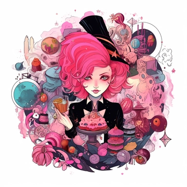 A colourful pink-black-red candy magician with pink hair. in a gothic fantasy style, depicted in a clipart image on a white background. She has a clean charismatic face. The candy-magician is placed in the center of the image and surrounded by mystical candies, cookies, muffins and magical elements, such as potions, and enchanted crystals in a candy style. The image is created with watercolors, giving it a whimsical and mystical feel. character in the style of Aleksi Briclot.