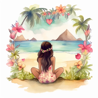 watercolour, tropical island setting, showcase an adorable little Hawaiian girl, she has flowers in her hair, she is sitting near the beach, surrounded by beautiful flowers and hearts, the feeling is magical, clipart style