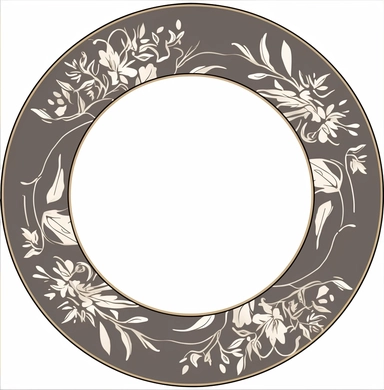 floral wedding plates of gold clipart in the gallery, in the style of dark beige and silver, simplified line work, careful framing, tondo, precisionist lines, opacity and translucency, inlay