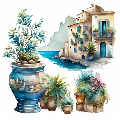 beautiful watercolor clipart of a view of a Mediterranean house in a village with potted plants and italian seascape, warm summer blue, aqua and white hues, compositions on an isolated white background. Bright landscapes illustrations, highly detailed