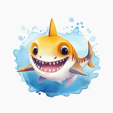 cutest shark cartoon, cute eyes, yellow, surrounded by waves, cute small teeth, watercolor clipart