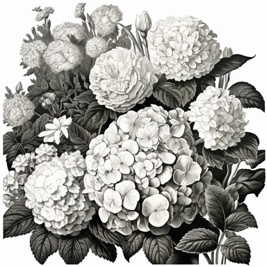 black and white clip art of hydrangeas and roses field with white border no cut off flowers