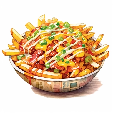 Design an enchanting watercolor, hyper-realistic clipart image with a white background and white margins, featuring a bowl of loaded fries topped with melted cheese, bacon bits, and green onions. The ultra-detailed, hand-drawn elements capture the indulgent toppings and the golden fries beneath. Use bold shades of yellow, orange, and green to create a visually appealing image that conveys the savory and irresistible nature of this dish.