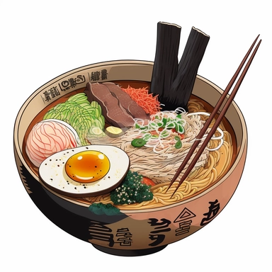 an bowl of japanese ramen, anime art, authentic ramen, white background, clipart