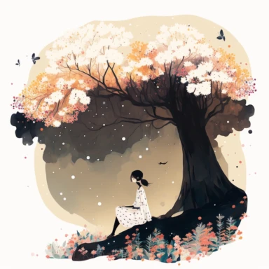 in the style of Ryo Takemasa, xuan loc xuan, Lisa Audit, Anastasia Suvorova, Jon Klassen, greg tocchini, single lady under sakura tree at night, fantasy, limpid, magical, mysterious, white background, vector, clipart, elaborate, ultra-detailed, best quality illustration, vibrant colors, high definition, UHD