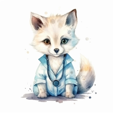 Cute Arctic Fox BABY, BEAUTIFUL big SHINING EYES ,HAPPY, dressed as a Doctor , Watercolor Little Animals Clipart, COLORFUL