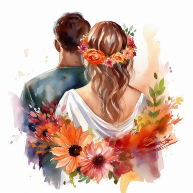 watercolor the middle of the couple New with arms around in the park back view Bridal veil with Zinnias flowers and leaves adorning her hair. hair up with flowers vividly bold designs png realistic cartoon in 32K UHD cute. 15 cm thick outline. Black color. There was no shadow on the ground. 8k with realistic watercolors. and detailed illustrations. PNG clipart, transparent white background