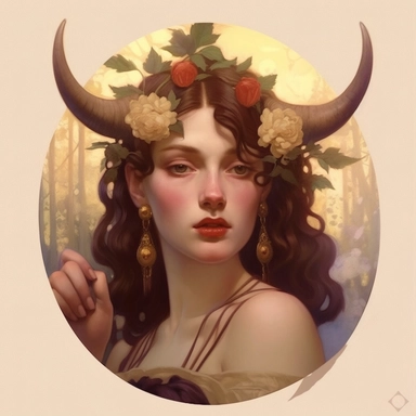 Taurus zodiac sign as fantasy girl with nose ring and earnings, and brown hair, Watercolor Zodiac Sign Clipart Astrology medea, Goddess of taurus, jasons golden fleece, ram horns, dragon, Medea, roses,