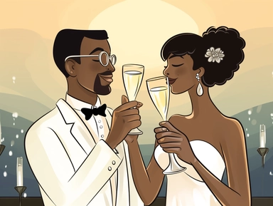 A celebratory clipart featuring a bride and groom raising their champagne flutes in a toast. The couple's expressions radiate happiness and bliss as they celebrate their union and the start of their shared journey. The clinking of glasses signifies love, prosperity, and a promising future.