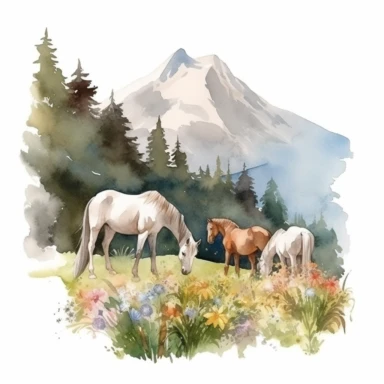 watercolor realistic, horse clipart, high detail, grazing in moutain meadow, white background. Different colored horses.