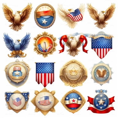 Patriotic Badges: Create clipart of patriotic badges or emblems that represent American values, Incorporate elements like flags, stars, eagles, or patriotic slogans to create visually appealing and versatile designs, delicate detail, watercolor, in the style of artgerm, 2d game art, quadratura, clipart, on white background,