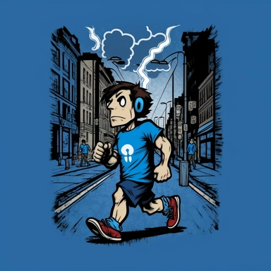 friendly blue t-shirt man walking in music city, ghlibi style, comic, manga, cute, clipart, hd, ue5