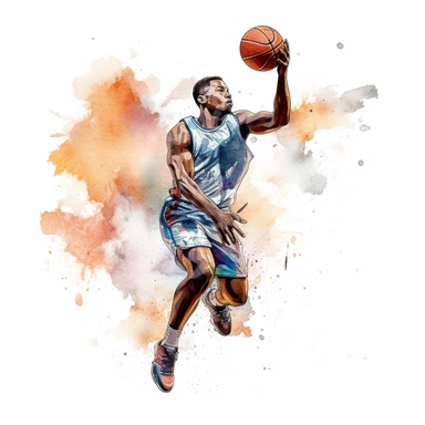 Basketball player going to the hoop, , highly detailed, watercolor, clipart, illustration, white background, digital painting, paper crafting, no signature, no text