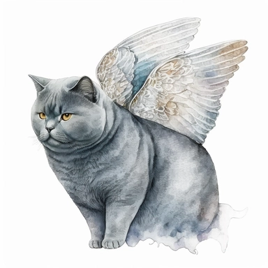 cute British Shorthair cat with angel wings watercolor clipart on white background