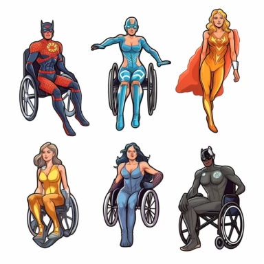 6 clipart elements, series of very hyperdetailed colorful stickers, beautiful superhero women with disabilities using aids, marvel style, superheros, each sticker with a clear white outline between each element, light grey background, realistic