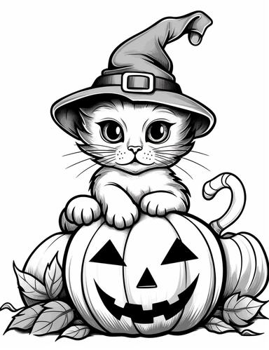 clipart cartoon friendly cat, pumpkin patch, in the style of Pierre-Auguste Renior black and white child's coloring book, black and white smooth thick lines, solid white background, no background