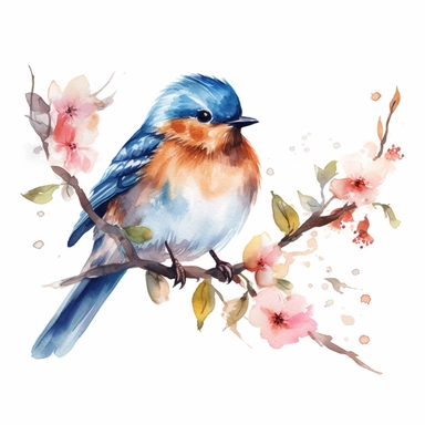 Watercolor Bird Clipart, Spring Bird, Colorful Bird, Bird On Branch, Cute bird PNG, white background. no text, no caption