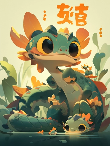Movie poster， golden and orange cute baby dragon with yellow eyes, A very cute little Exquisite a dragon, clipart, Water elements wearing hanfu, front view ，earth, Water, red Lanterns background, psychedelic