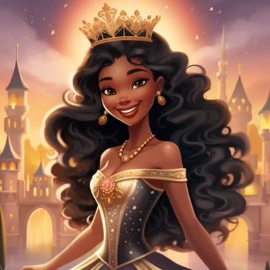 an clipart artwork show a beautiful black princess with a radiant smile, and long flowing hair on a fairy tale background