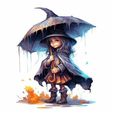 Cute Adorable magical little witch holds laterally a huge umbrella in his hand wears a raincape and stand in the rain on a country road, correct umbrella, clipart, high detail, 8k polished, 8k, vibrant colors, white background, sticker