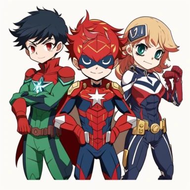 Create a clipart of a group of anime kids dressed up as superheroes, each with their unique costume and powers. The leader of the squad could be a boy with a red and blue suit, resembling a spider, with webs shooting out of his wrists. Another member could be a girl with a green suit, able to control plants and trees. A third member could be a boy with a yellow suit, able to control lightning and electricity. The costumes should have bright colors and bold designs, with each character having the