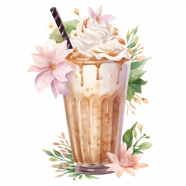 flower coffee milkshake,clipart on a white background, an illustration of by Annabel Kidston, shutterstock contest winner, generative art, detailed painting, digital illustration, intricate in details,photoillustration isolated on white background, digital watercolor,
