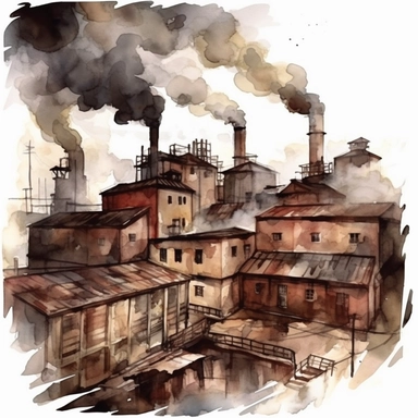 water color smoking factories, that simbolizes the destruction on earth, dark buildings, dirt, clipart, hd, no background