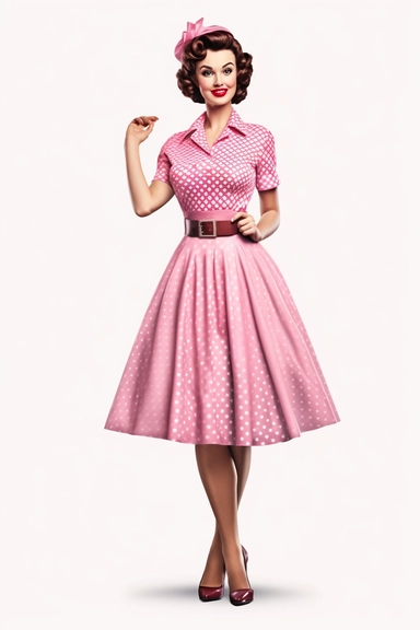 full body shot of a posing housewife against white background, in the style of vintage-inspired pin-ups, realistic figures, polka dot madness, pink and amber, against qhite background clipart png