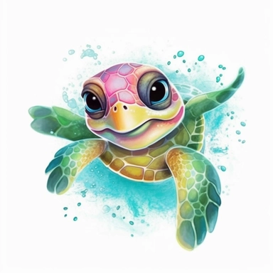 happy baby green sea turtle swimming with big round eyes, watercolor Illustration clipart, 4K, extremely detailed