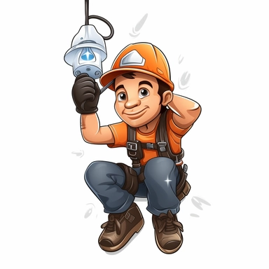 electrician cute character clipart, connecting a ceiling lamp, white background, no caption