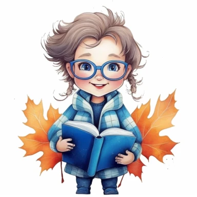 a happy little cute boy in a five-year-old, white short, blue jacket, book, glasses, maple leaf, style by Lusy Fleming, folk art, watercolor, clipart elements, smooth gradients, black contour outline, ultra detailed, white background, super clear, high quality