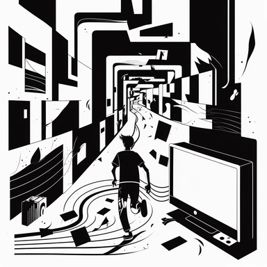 black and white flat abstracted fun modern line-art clipart design illustrations depicting a trail of music, tv, gaming and entertainment following a person through a home