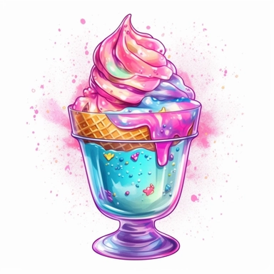 clipart soft watercolor pastel neon colors without splashed background - icecream glass cup with cream and toppings colorful sprinkles - hard contrast - high details - enough space between each item
