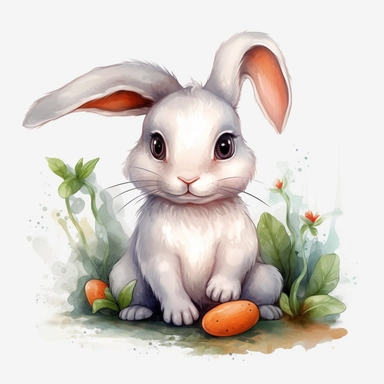 Watercolor: cute baby big eye rabbit happy cubby white bunny surrounded by carrots. png Full body realistic cartoon 32k UHD cute. 15cm thick outline. Black color. No shadow on the ground. with illustrations realistic water color and detailed illustrations. Cartoon, PNG clipart, transparent white background