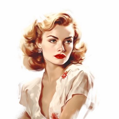 beautiful stunning pretty vintage old hollywood cinema girl, paint art style, clipart, white background, superrealistic, one of a kind