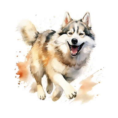 Alaskan Malamute with a playful grin and a wagging tail, white background, watercolor clipart