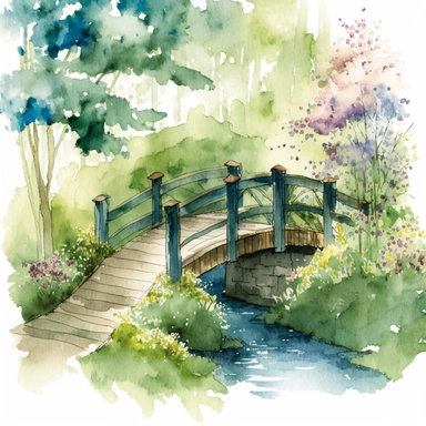 The spring bridge illustration is a colorful watercolor artwork depicting a picturesque garden scene during the summertime. The bridge itself is a rustic wooden structure with arched beams and railings, spanning over a babbling brook. The water is depicted in shades of blue and green, with watercolor drops adding a sense of motion and fluidity. The garden surrounding the bridge is bursting with vibrant summer flowers in shades of pink, purple, yellow, and orange. The flowers are painted in a loo