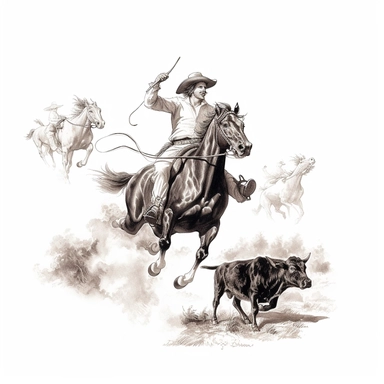 hand drawn clip art on white background of a cowboy riding a horse through a pasture roping a bull with dogs running in front barking at the bull