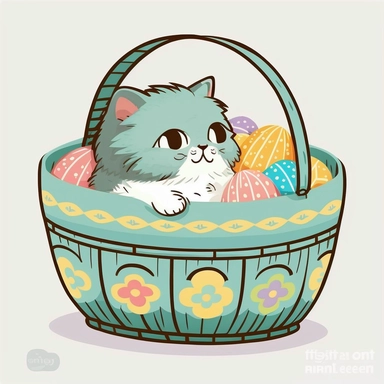 clipart of very cute persian kitten, playing in a basket full of easter eggs, solid white background, in the style of mary blair, vintage disney animation style