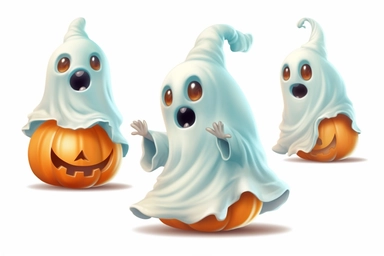 Cute ghost. Happy halloween ghosts characters, spooky expression creature. Funny scary magic demon with pumpkin, mystery creative nowaday vector clipart, realistic, full frame, very detailed