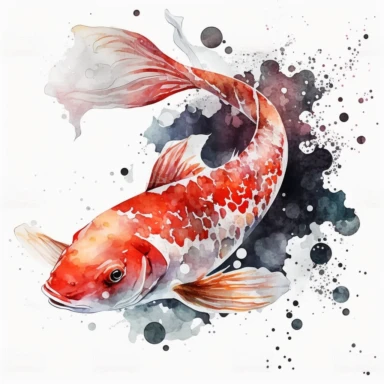 red and white, koi kacr, fish, no backgroun, white background, watercolor, clipart