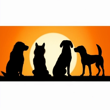 vector clipart of 4 different dogs silhouettes in black,
