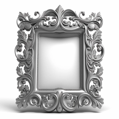 A single vintage silver frame clipart with a glossy, reflective finish and a rounded rectangular shape. The intricate details of the frame are highlighted by the shine of the silver, creating a modern and sleek look. The background is a soft gray with a subtle texture, adding depth and dimension to the design. [1], [2], [3], [4], photography, Close-up macro photography with a wide-angle lens, creating a shallow depth of field and emphasizing the intricate details of the frame. Shot on a Canon EO
