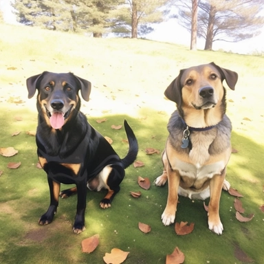 1.Create a painting with the dogs in the image and try to mimic the dogs after those in the image.A detailed watercolor Illustration of an dark colored older beagle lab dog and a black shepherd lab dog. 2. dogs looking at eachother with a squirrel sitting in a tree in the background, happy, warm, children's book illustration watercolor style, clipart, realistic, isolated on white background, 4K